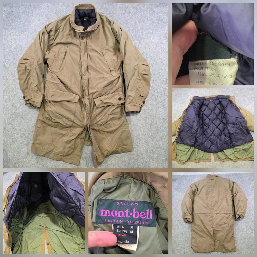Vintage Mont-bell Coat Mens Medium Beige Down Parka‎ Quilted Liner Nylon